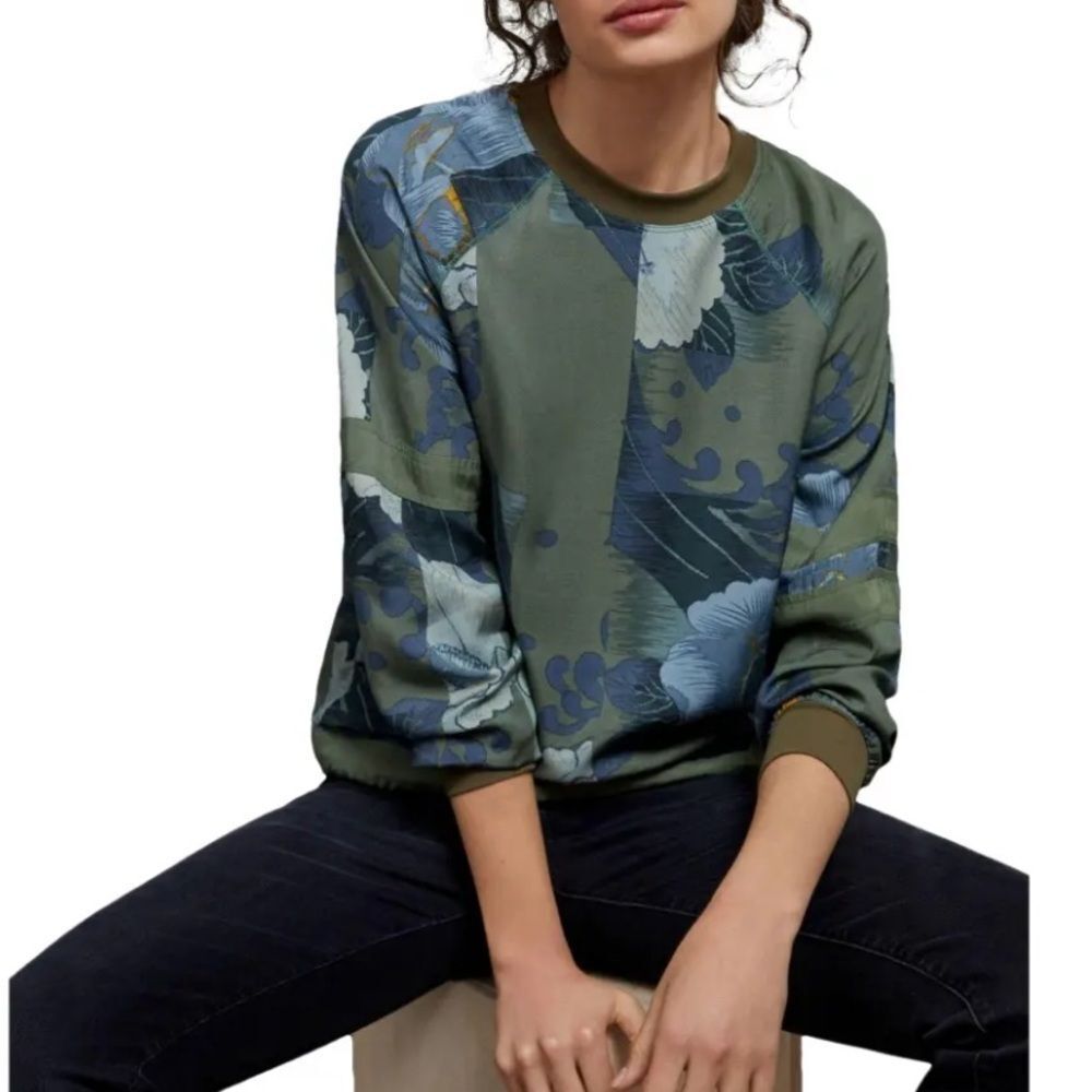 Anthropologie Olive Green Blue Floral Patchwork Pullover